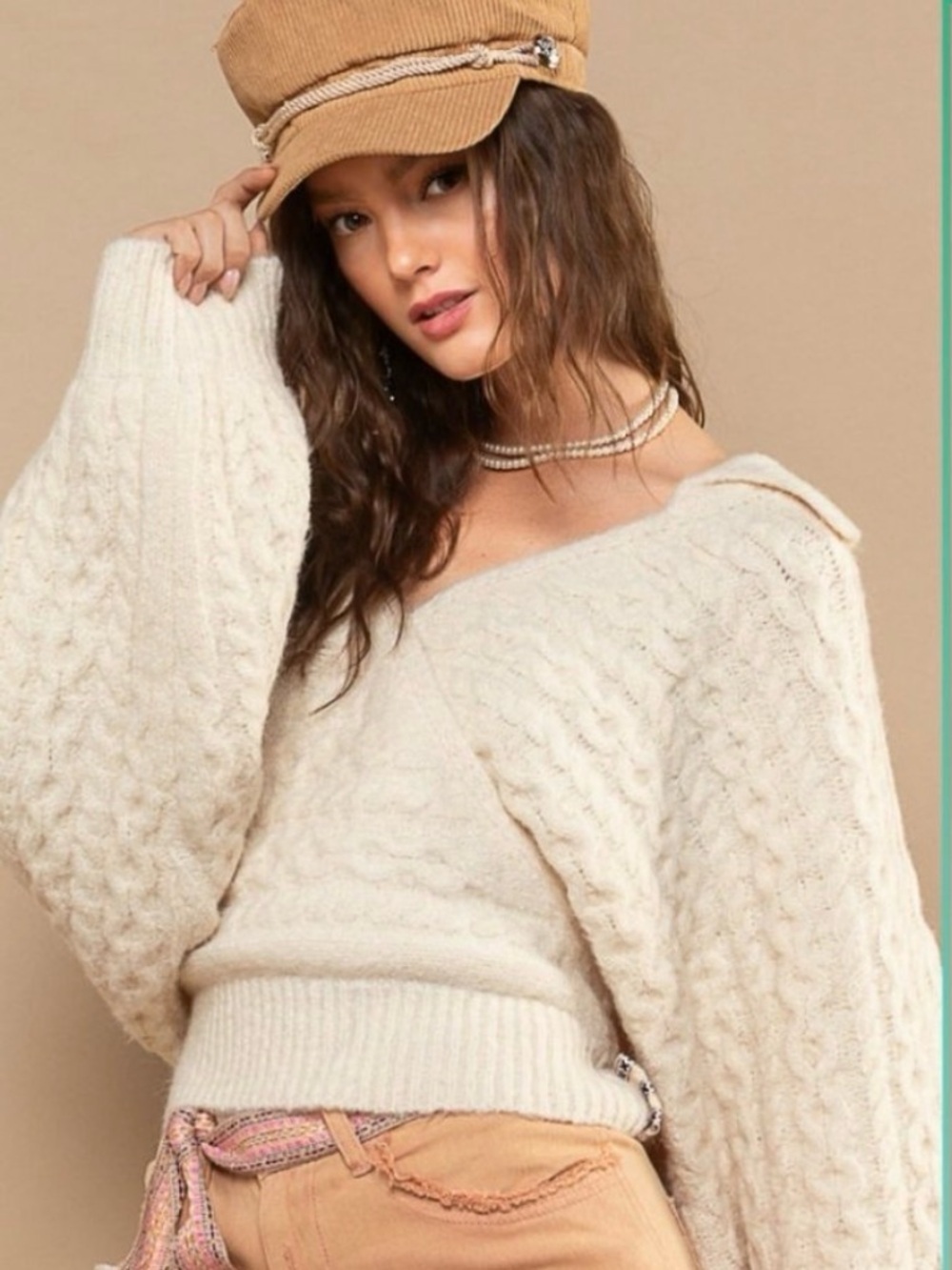 POL Cream Surplice Cable Knit Balloon Sleeve Sweater NWOT Size S - Picture 2 of 11